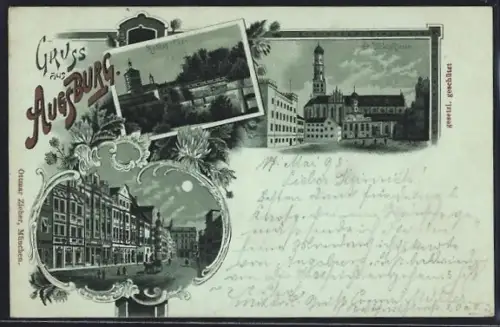 Mondschein-AK Augsburg, St. Ulrichskirche, Rotes Tor, Strassenpartie