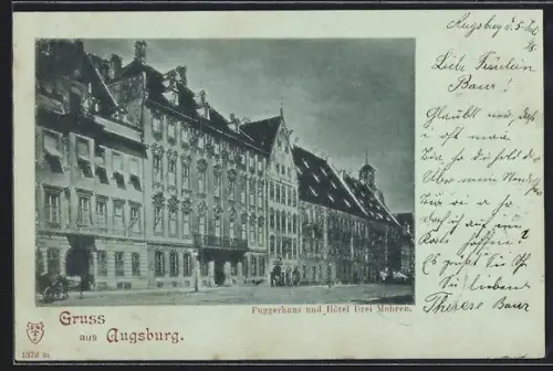 Mondschein-AK Augsburg, Fuggerhaus und Hotel Drei Mohren