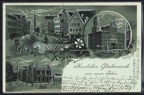 Mondschein-Lithographie Augsburg, Untere Maximilianstrasse, Rathaus und Perlachturm, Rathaus, Theater, Neujahrsgruss