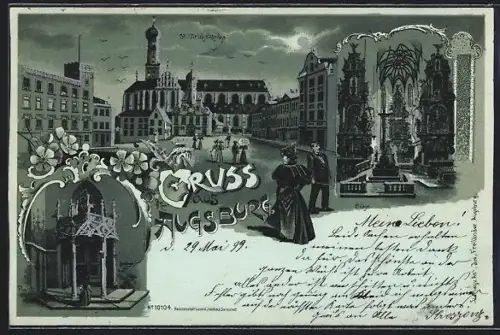 Mondschein-AK Augsburg, St. Ulrichskirche, Chor, Portal