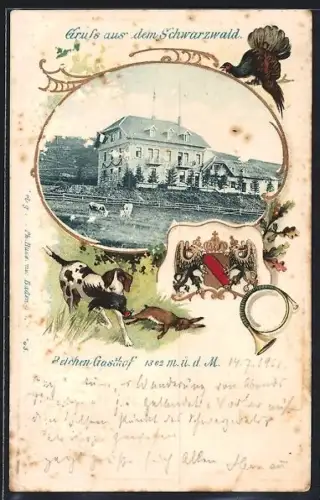 Passepartout-Lithographie Belchen /Schwarzwald, Gasthof mit Kühen, Wappen