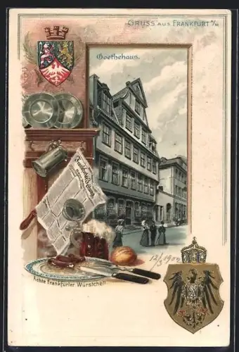 Passepartout-Lithographie Alt-Frankfurt, Goethehaus, Frankfurter Würstchen, Wappen