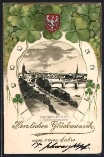 Passepartout-Lithographie Frankfurt a. M., Teilansicht mit Sachsenhausen im Hufeisen, Kleeblätter, Wappen, Neujahrsgruss