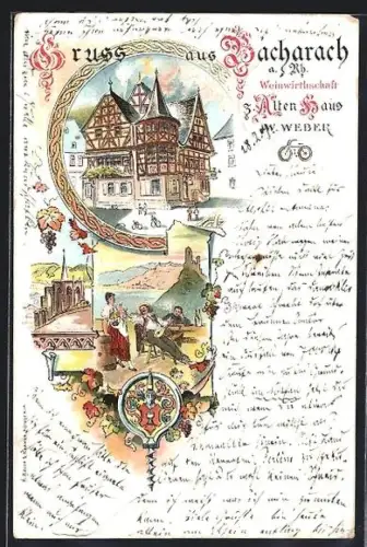 Lithographie Bacharach a. Rh., Weingasthaus w. Weber, Lautenspieler und Wirtin