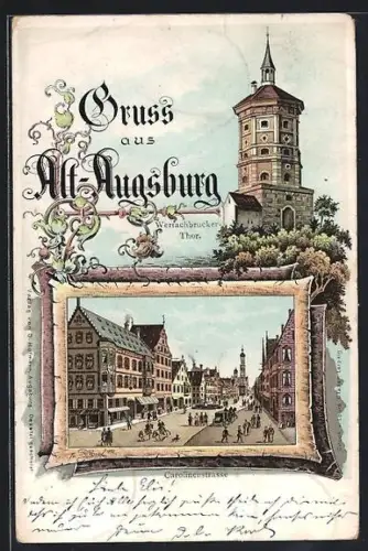 Lithographie Alt-Augsburg, Strassenpartie mit Gebäudeansicht
