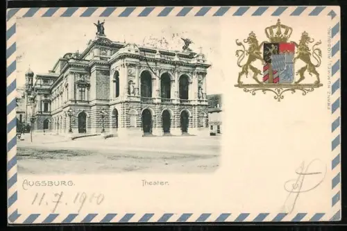 Passepartout-Lithographie Augsburg, Theater mit Strassenpartie, Wappen