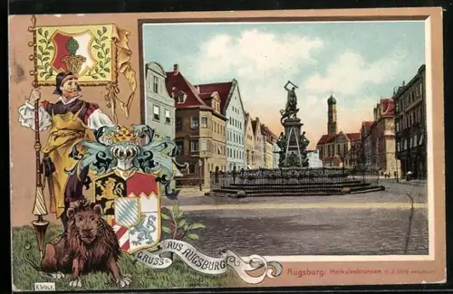 Passepartout-Lithographie Augsburg, Herkulesbrunnen, Krieger mit Fahne, Wappen und Löwen