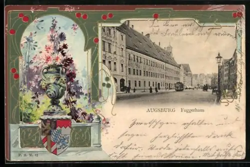 Lithographie Augsburg, Strassenbahn am Fuggerhaus, Laterne