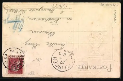 Lithographie Augsburg, Strassenbahn am Fuggerhaus, Laterne