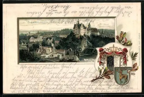 Passepartout-Lithographie Sigmaringen, Ortsansicht aus der Vogelschau mit Wappen