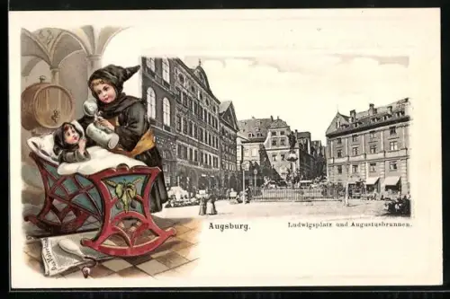 Passepartout-Lithographie Augsburg, Ludwigsplatz und Augustusbrunnen, Münchner Kindl bei Baby an der Wiege