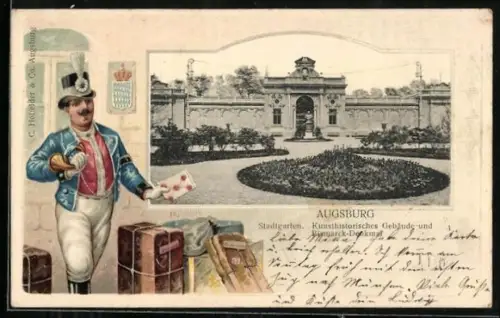 Passepartout-Lithographie Augsburg, Kunsthistorisches Gebäude und Bismarck-Denkmal im Stadtgarten, Postbote mit Brief