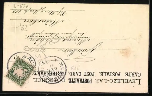 Passepartout-Lithographie Augsburg, Kunsthistorisches Gebäude und Bismarck-Denkmal im Stadtgarten, Postbote mit Brief