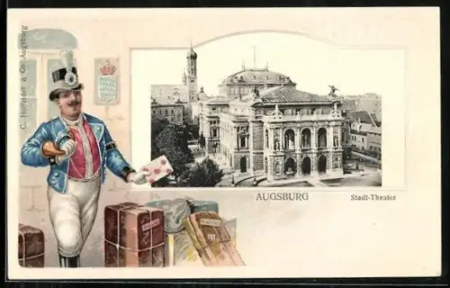Lithographie Augsburg, Briefträger, Blick zum Stadt-Theater