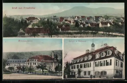 AK Freudental, Erholungsheim, Schul- u. Rathaus, Panorama