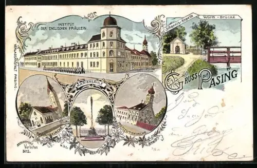 Goldfenster-AK München-Pasing, Institut der Englischen Fräulein mit leuchtenden Fenstern, Pfarrkirche