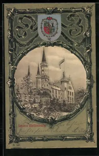Lithographie Wellenburg, Schloss Wellenburg, Wappen