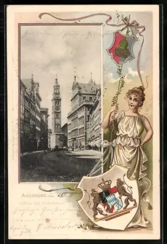 Passepartout-Lithographie Augsburg, Rathaus und Perlachthurm, Wappen