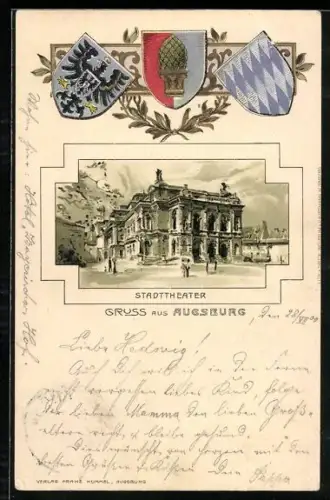 Passepartout-Lithographie Augsburg, Fussgänger vor dem Stadttheater, Wappen