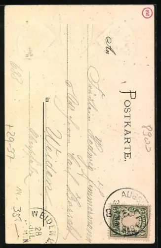 Passepartout-Lithographie Augsburg, Fussgänger vor dem Stadttheater, Wappen