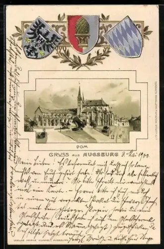 Passepartout-Lithographie Augsburg, Der Dom, Stadt- und Reichswappen