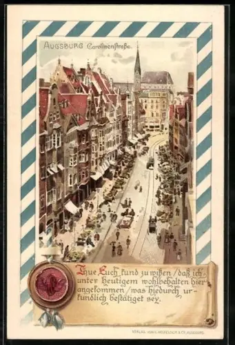Passepartout-Lithographie Augsburg, Carolinenstrasse mit Kirche und Strassenbahn