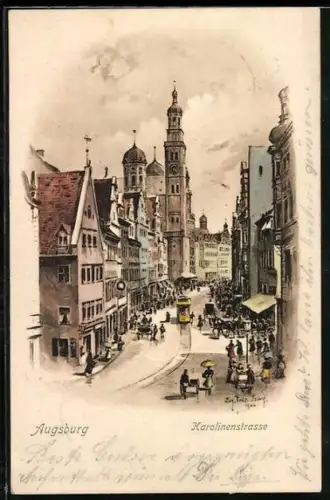 Künstler-AK Eugen Felle: Augsburg, Karolinenstrasse mit Strassenbahn