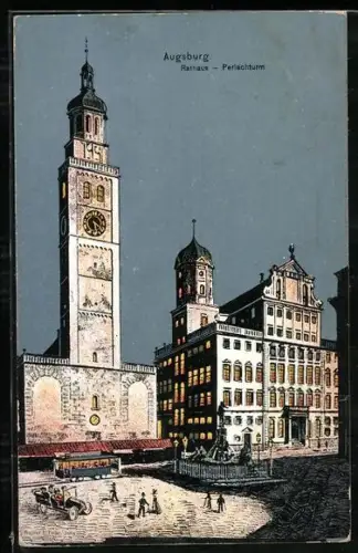 Künstler-AK Eugen Felle: Augsburg, Rathaus und Perlachturm mit Strassenbahn