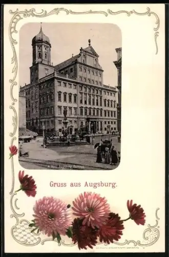 Lithographie Augsburg, Rathaus mit Brunnen, Crysanthemen, Passepartout