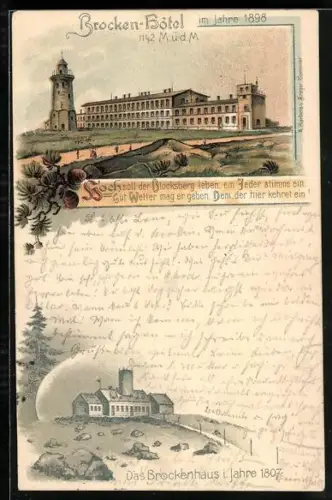 Lithographie Thale, Brocken-Hotel 1898, Brockenhaus 1807