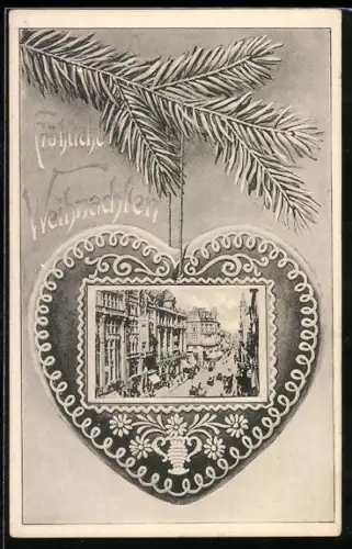 AK Berlin, Friedrichstrasse im Herz mit Tannenzweig, Weihnachtsgruss, Passepartout