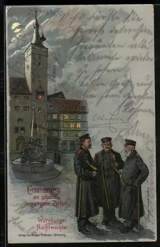 Lithographie Würzburg, Nachtwächter unterhalten sich auf dem Marktplatz