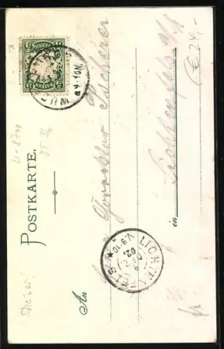 Lithographie Würzburg, Nachtwächter unterhalten sich auf dem Marktplatz