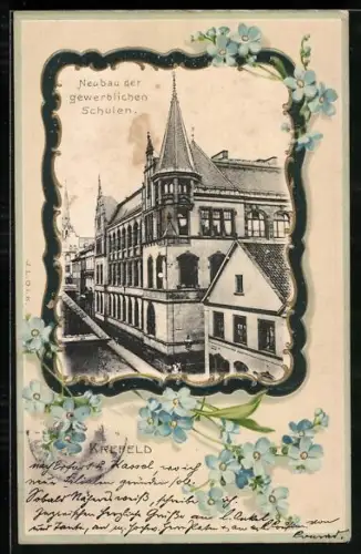 Lithographie Krefeld, Neubau der gewerblichen Schulen, Vergissmeinnicht, Passepartout