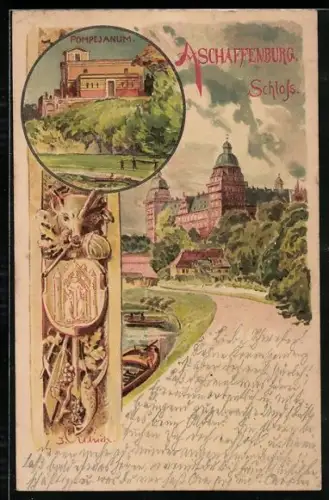 Künstler-AK Aschaffenburg, Pompejanum, Blick zum Schloss