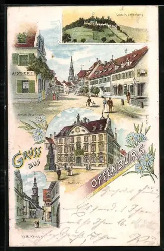Lithographie Offenburg, Schloss Ortenberg, Mittlere Hauptstrasse, Rathaus, Kath. Kirche