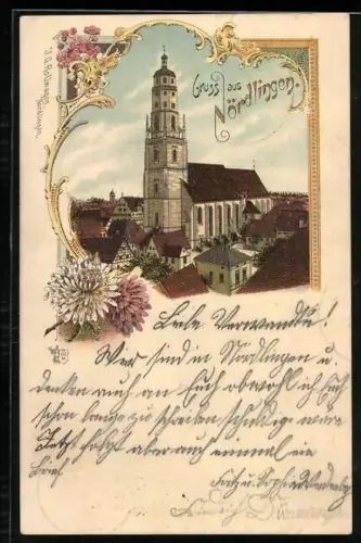 Lithographie Nördlingen, Kirche mit Crysanthemen