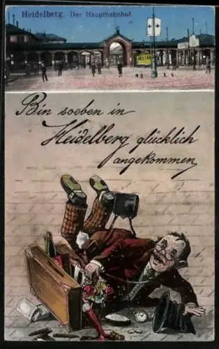 AK Heidelberg, Hauptbahnhof mit Strassenbahn, Mann mit Koffer ist ausgerutscht