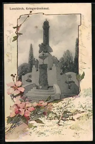 Lithographie Lenzkirch, Kriegerdenkmal, Sommerliche Landschaft, Passepartout