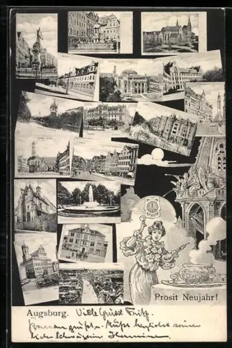 AK Augsburg, Kirche, Denkmal, Brunnen, Neujahrsgruss