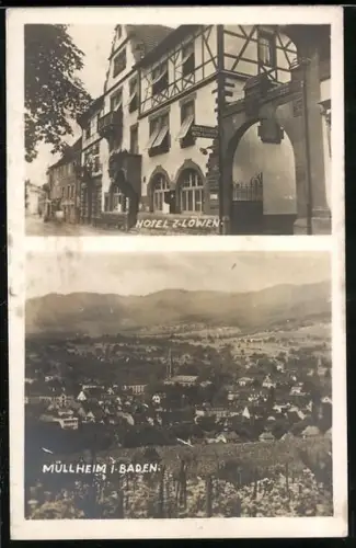 AK Müllheim / Baden, Hotel zum Löwen, Blick vom Weinberg auf die Ortschaft