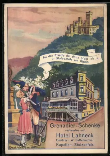 Künstler-AK Stolzenfels am Rhein, Grenadier-Schenke, Burg