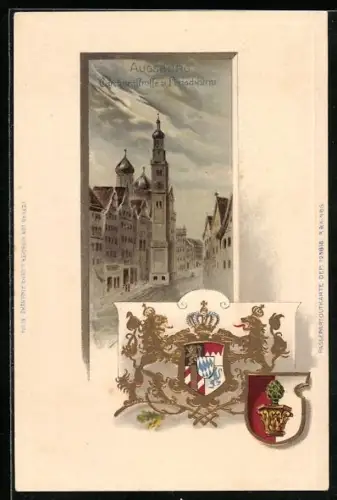 Passepartout-Lithographie Augsburg, Carolinenstrasse und Perlachturm, Wappen