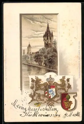 Passepartout-Lithographie Augsburg, Augsburger Wappen und Totalansicht des Gratturms