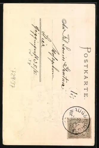 Passepartout-Lithographie Augsburg, Augsburger Wappen und Totalansicht des Gratturms