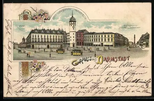Lithographie Darmstadt, Ernst-Ludwigsplatz mit Weissem Turm und Strassenbahnen