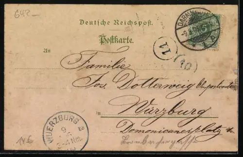 Lithographie Darmstadt, Ernst-Ludwigsplatz mit Weissem Turm und Strassenbahnen