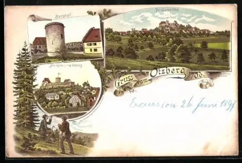 Lithographie Otzberg i. O. Ö., Totalansicht, Hering mit Burg Otzberg, Burghof