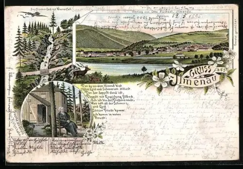 Vorläufer-Lithographie Ilmenau, 1895, Teilansicht, Das finstere Loch mit Wasserfall, Goethe als Greis auf dem Kickelhahn