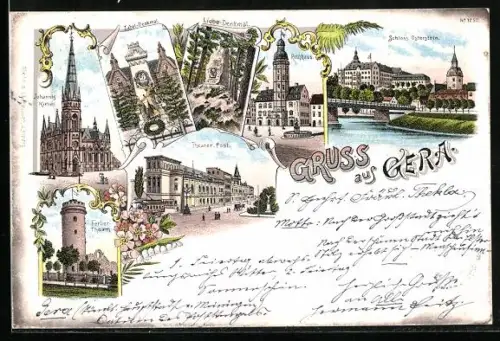 Lithographie Gera, Theater-Post, Liebe-Denkmal, Rathhaus